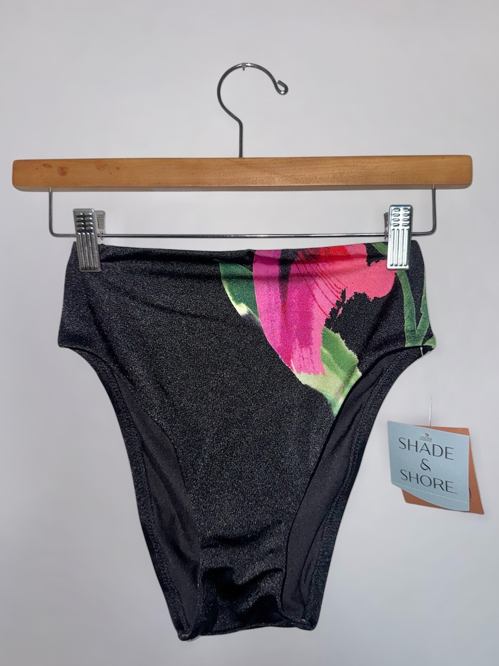 New Shade & Shore High-Waist High-Leg Bikini Bottom Black w/ Pink & Green Floral